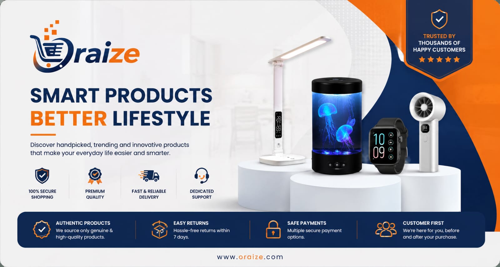 Oraize smart products website banner featuring smart sensor lamp, jellyfish lamp, smartwatch and mini turbo fan with secure shopping, fast delivery and premium quality branding.