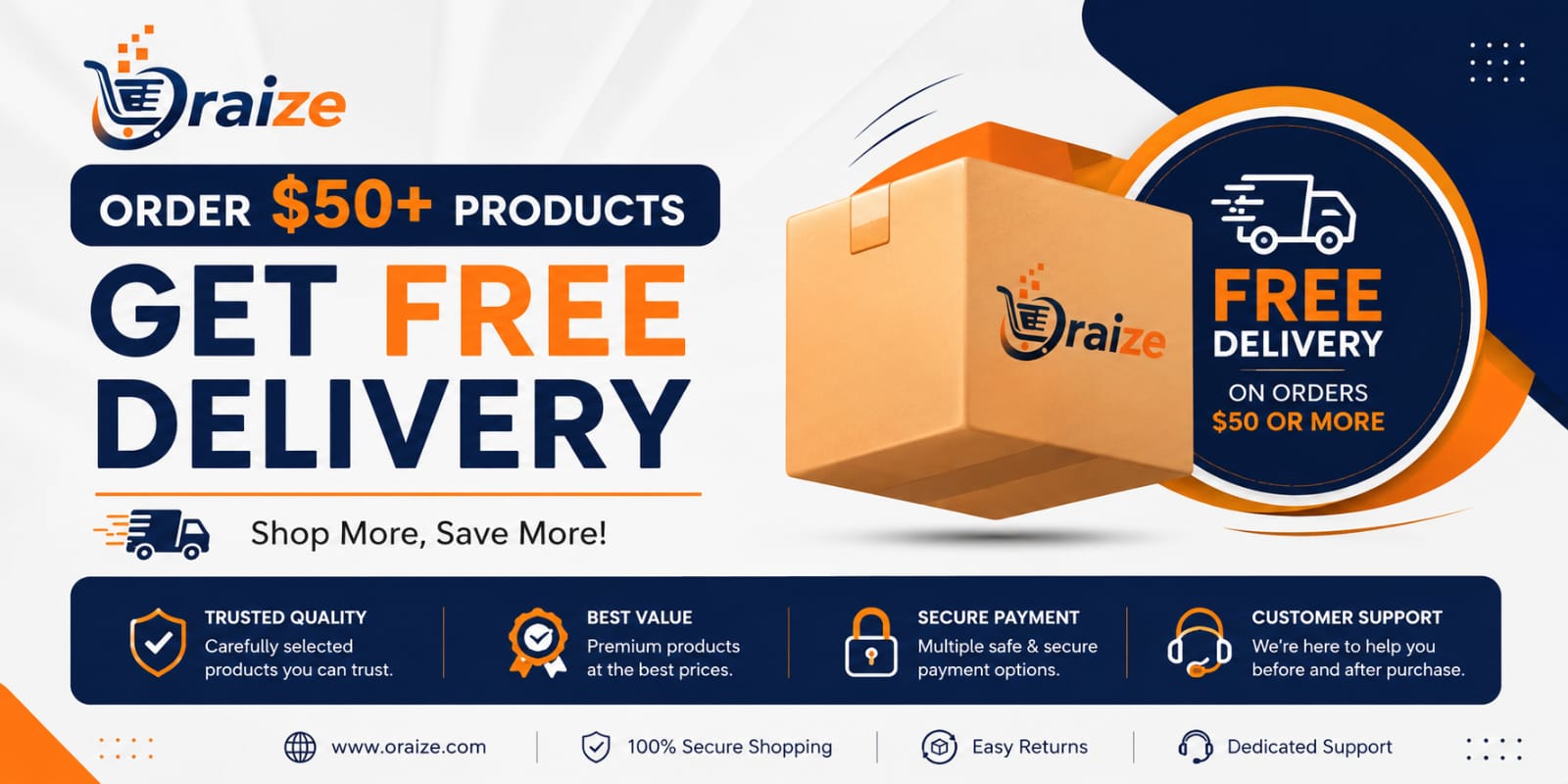 Oraize free delivery promotional banner offering free shipping on orders above 50 dollars with professional ecommerce branding and delivery box design.