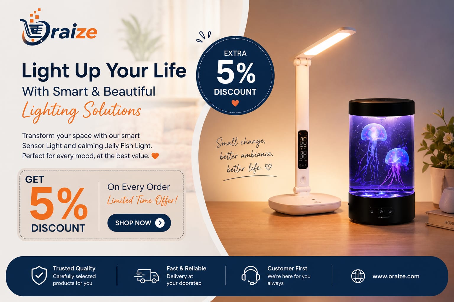 Oraize 5 percent discount banner featuring smart sensor light and jellyfish lamp with cozy home lighting atmosphere and modern ecommerce branding.